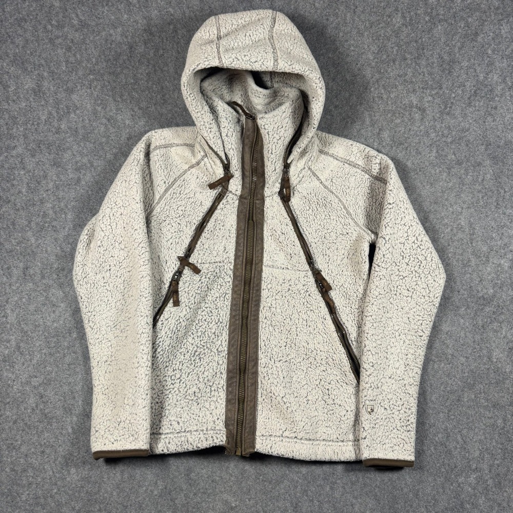Kuhl Flight Jacket Women S Oatmeal Brown Fleece Full Zip Stowaway Hooded Hiking